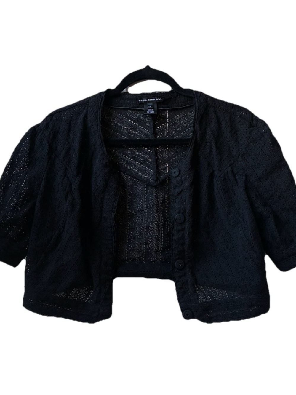 Club Monaco black lace button up top w cap sleeve feminine secretary goth rave